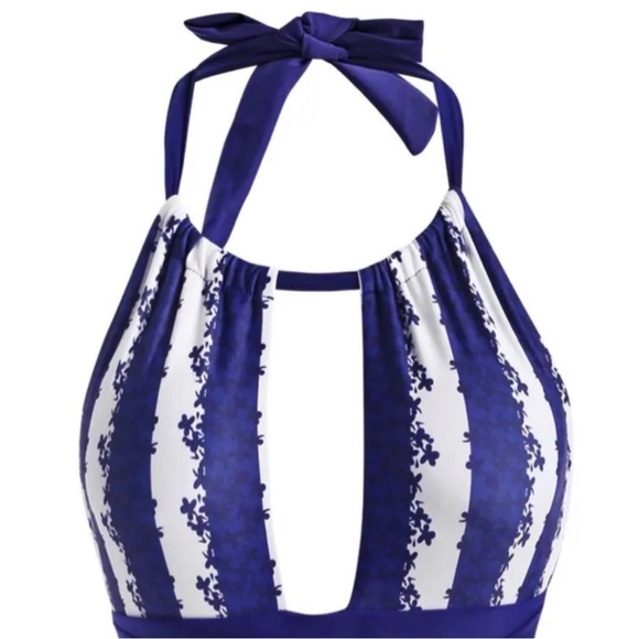 Striped Floral One‑Piece ✦ Halter Cutout Backless Swimsuit ✦ Coastal Resort M - Picture 6 of 11